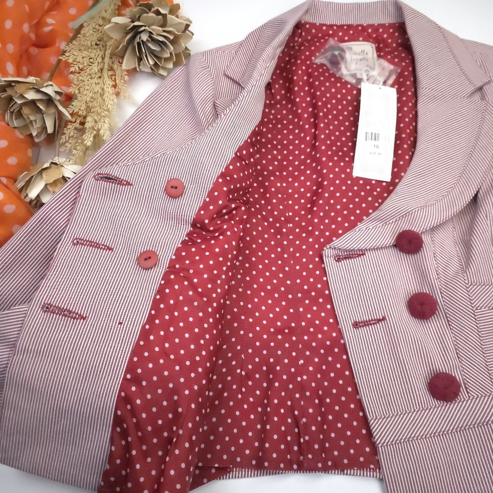 New Nanette Lepor Red Striped Double-Breasted Designer Blazer Sz 10 - Picture 7 of 12